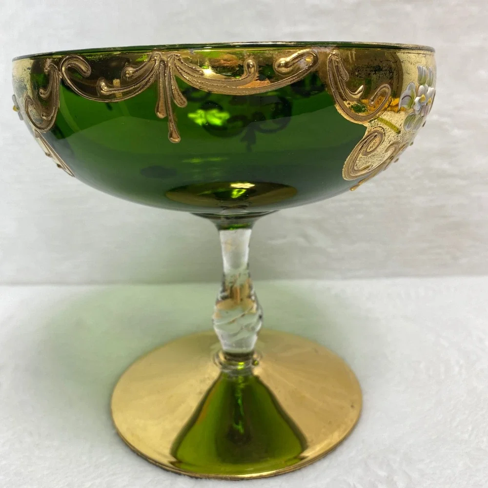 VTG Green Glass Pedestal Compote Bowl Goblet Candy Dish‎ Bowl Gold Leaf Italy